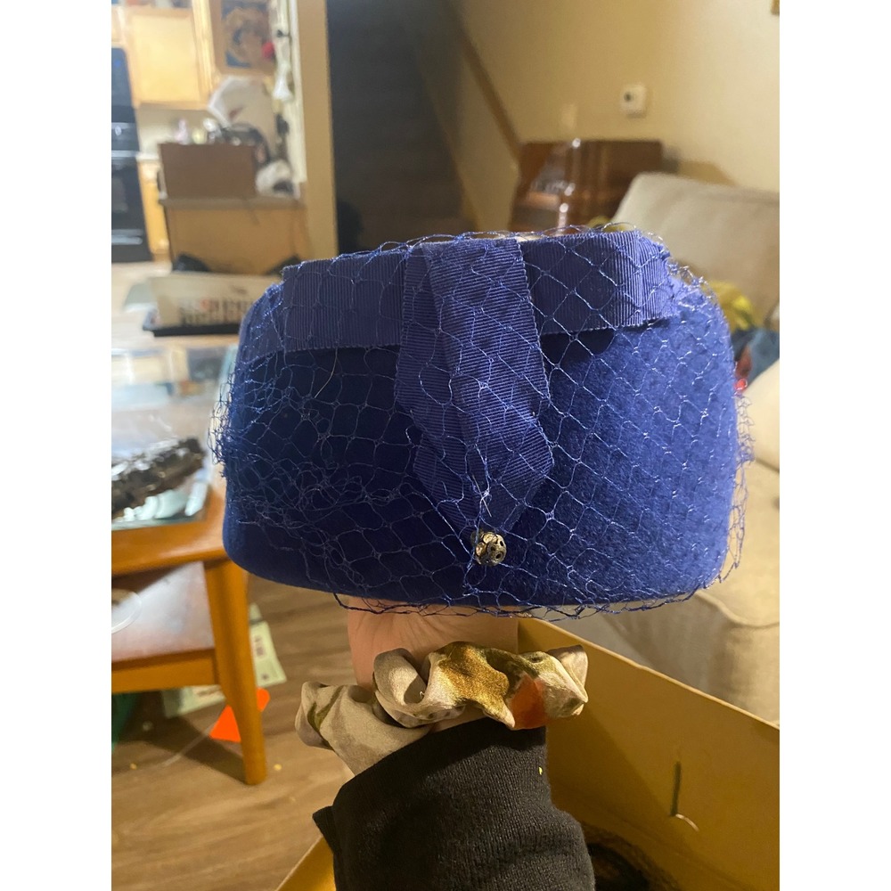 Vintage Firenze Cobalt Blue Pillbox Hat Italian Wool Felt Birdcage Veil Pins